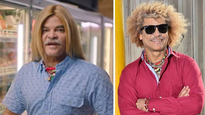 Imágenes del mítico exfutbolista colombiano Carlos 'El Pibe' Valderrama en un anuncio publicitario de Codere en el que luce su melena alisada y otra en la que aparece sonriente con sus característicos rizos. Fotos: Captura Youtube/Instagram