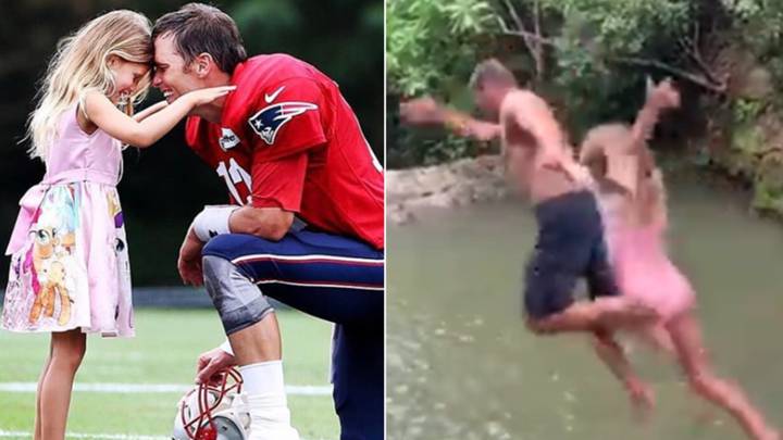 Imágenes de Tom Brady con su hija Vivi durante uno de sus entrenamientos y saltando en una cascada durante sus vacaciones. Fotos Instagram @tombrady