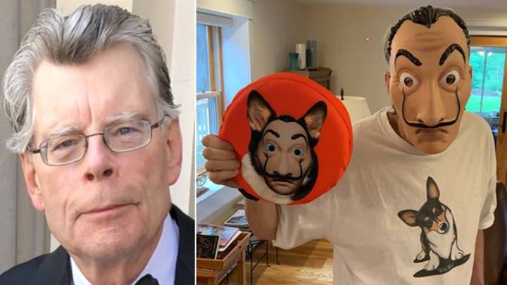 Imágenes del afamado escritor estadounidense Stephen King posando muy elegante y otra en la que luce la máscara de Dalí de los atracadores de 'La casa de papel' y un 'frisbee' de su perro también enmascarado. Fotos Instagram @stephenking