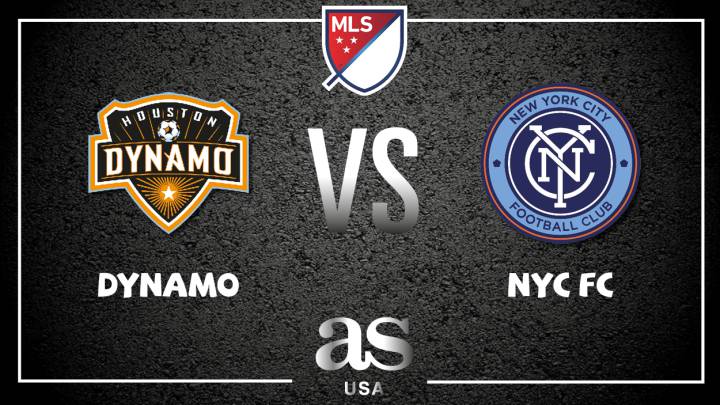 Dynamo vs NYCFC partido en vivo MLS, en directo. Logo de los equipos de la MLS en color azul y naranja, respectivamente. El fondo tiene una textura de metal en color negro con una luz media que divide la imagen.