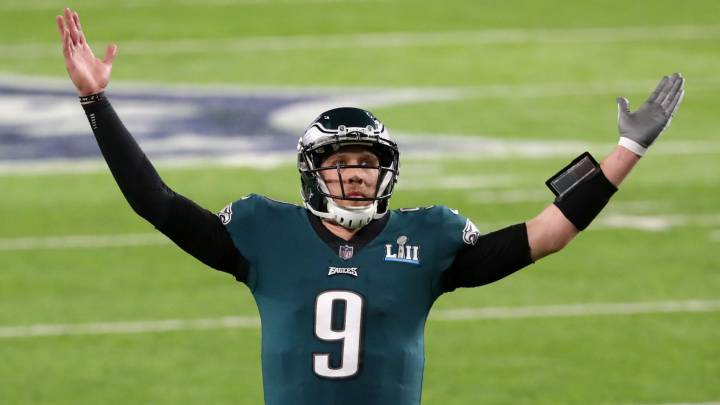 Nick Foles celebra una anotación en el Super Bowl LII