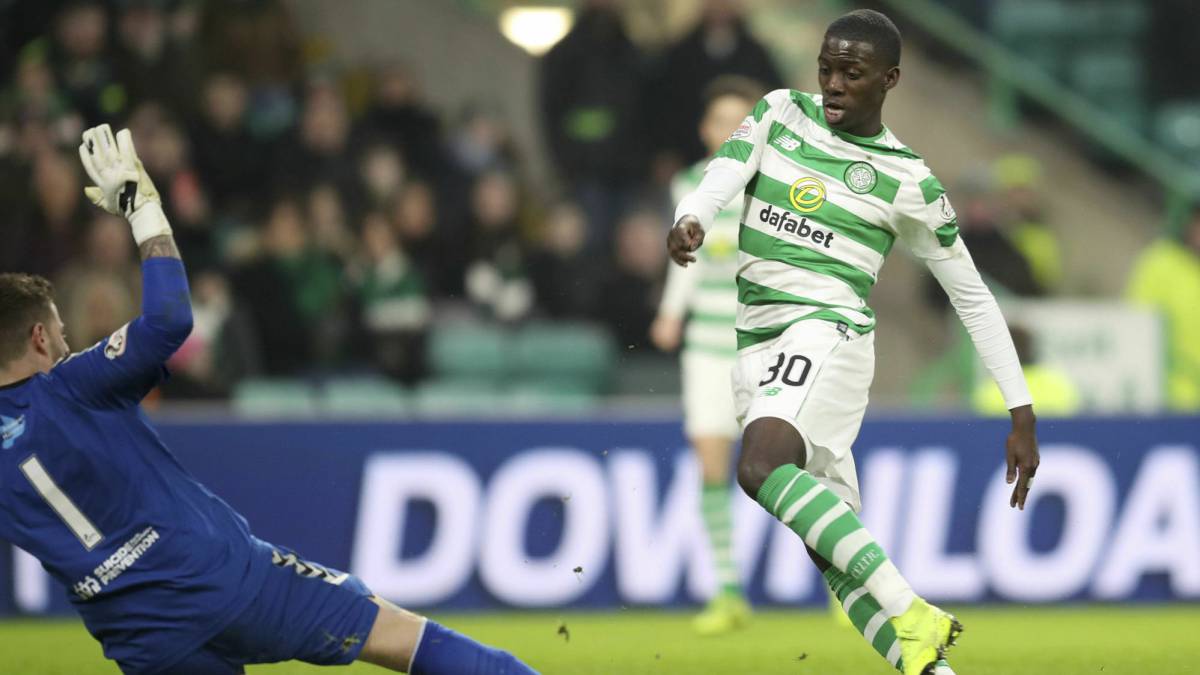 Tim Weah celebrates scoring his side's third goal during the Scottish Cup fourth round match at Celtic Park, Glasgow, Saturday,