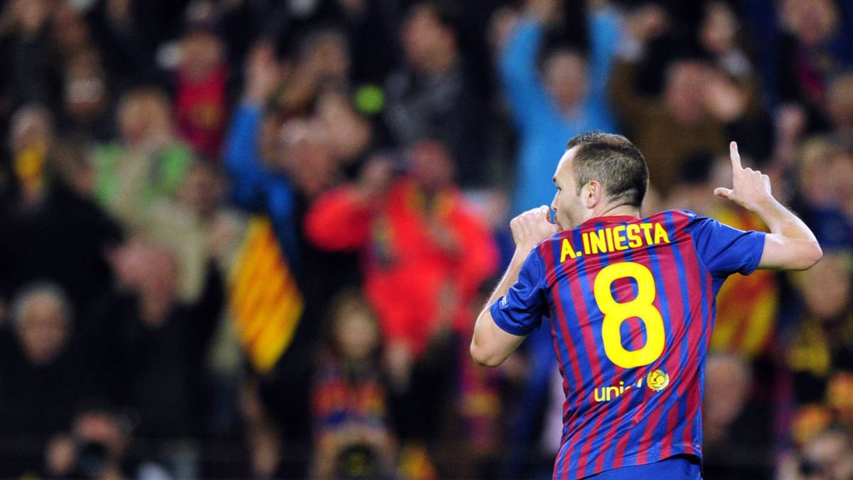 Andres Iniesta celebrates after scoring during the UEFA Champions League second leg semi-final football match Barcelona against Chelsea at the Cam Nou stadium