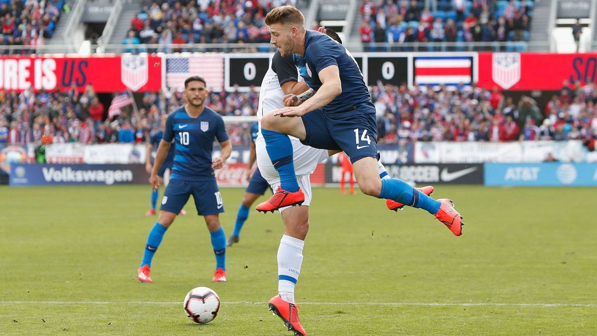 Paul Arriola #14 of the United States competes for the ball against David Guzman #20 of Costa Rica during their international friendly match at Avaya Stadium on February 2, 2019 in San Jose, California.