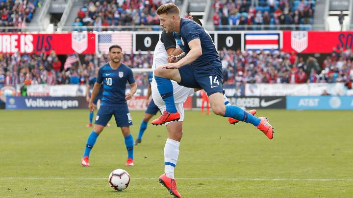 Paul Arriola #14 of the United States competes for the ball against David Guzman #20 of Costa Rica during their international friendly match at Avaya Stadium on February 2, 2019 in San Jose, California.