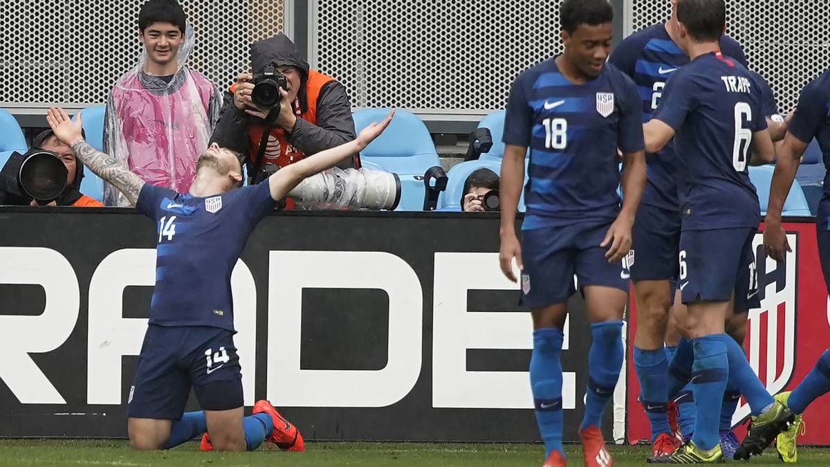 U.S. defender Paul Arriola (14) reacts after scoring a goal against Costa Rica during the second half of an international friendly soccer match