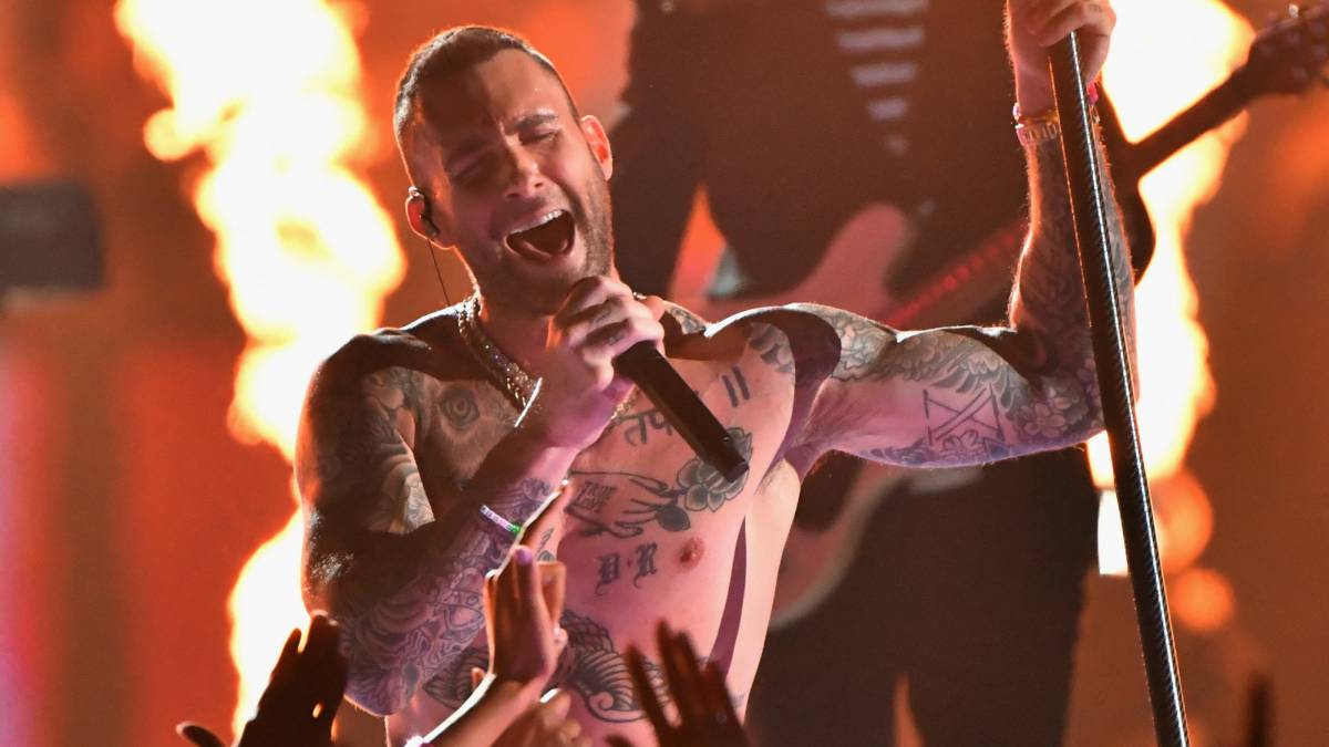 Adam Levine (L) and James Valentine of Maroon 5 perform during the Pepsi Super Bowl LIII Halftime Show at Mercedes-Benz Stadium on February 3, 2019 in Atlanta, Georgia.
