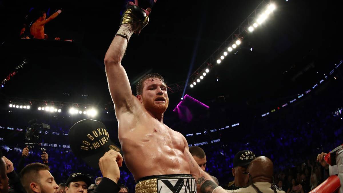 Canelo Álvarez celebrating at T-Mobile Arena in Las Vegas
