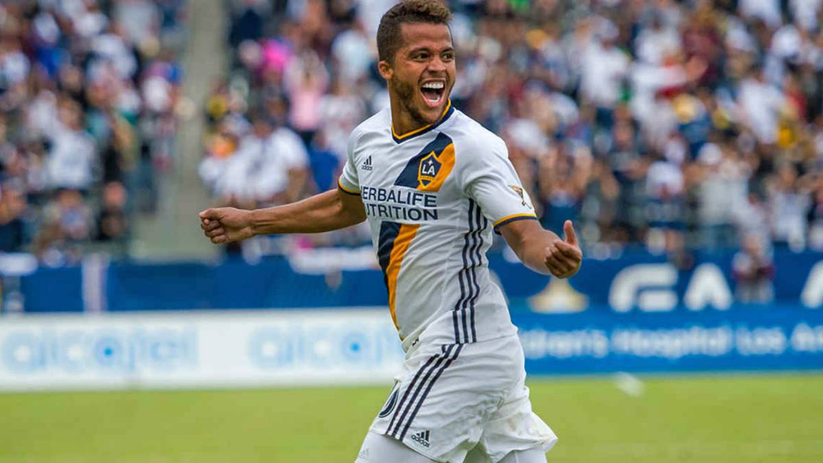 Gio dos Santos celebrating after scoring with LA Galaxy of the MLS