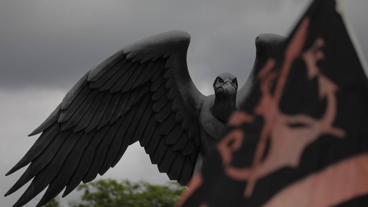 A statue of a vulture, the mascot symbol of Brazil's Flamengo soccer team, is seen atop the entrance of the soccer club training complex in Rio de Janeiro, Brazil,