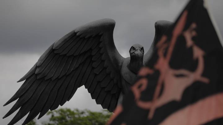 A statue of a vulture, the mascot symbol of Brazil's Flamengo soccer team, is seen atop the entrance of the soccer club training complex in Rio de Janeiro, Brazil,