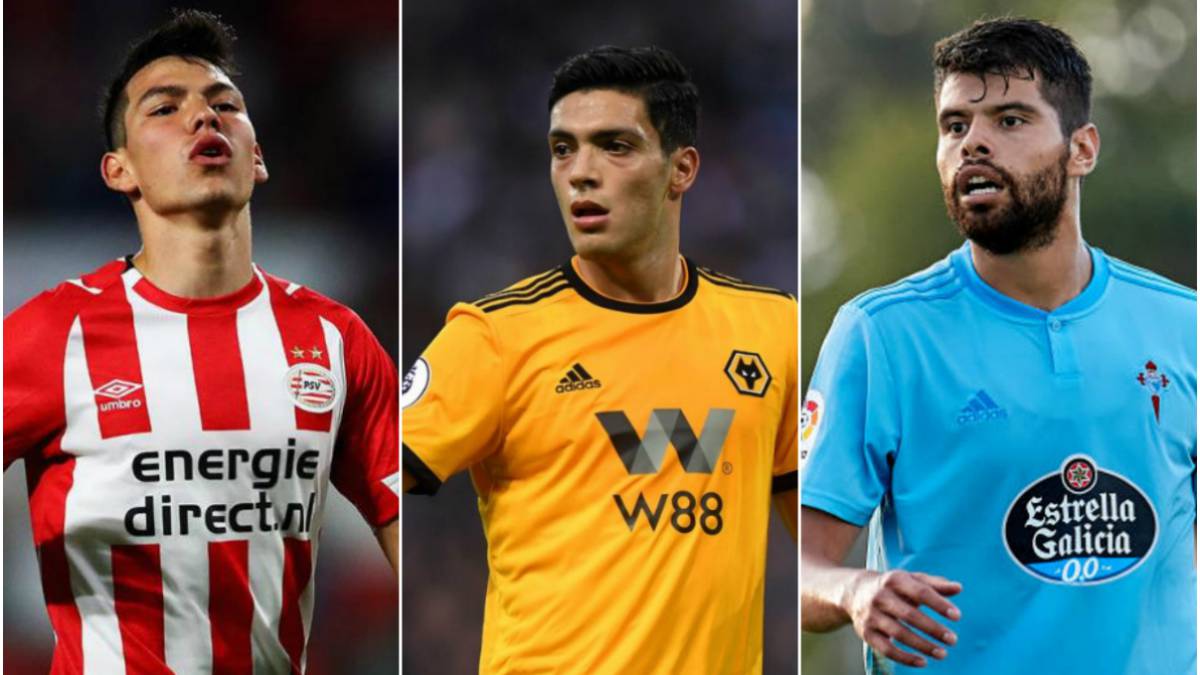 Collage of Hirving Lozano with PSV, Raúl Jiménez with Wolves and Néstor Araujo with Celta de Vigo