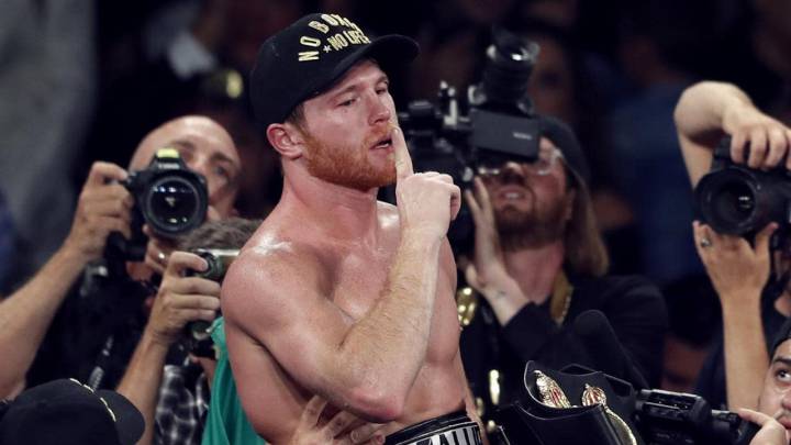 Canelo Álvarez celebrating at T-Mobile Arena in Las Vegas