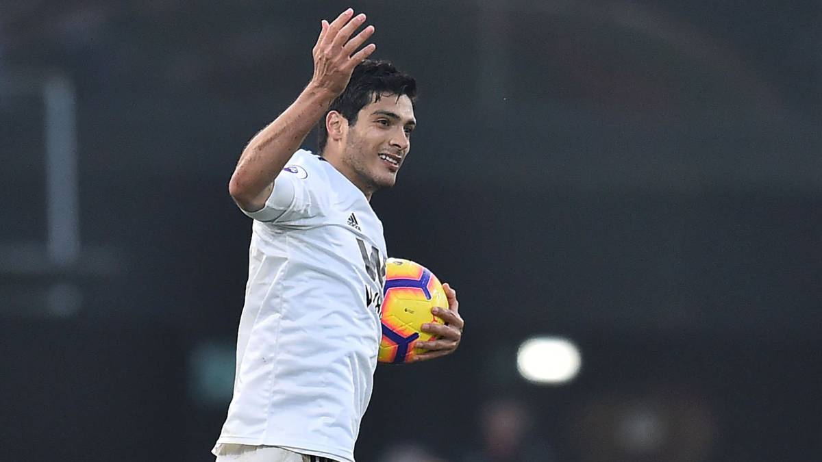 Mexican striker Raul Jimenez celebrates after scoring their first goal from the penalty spot during the English Premier League football match between Bournemouth and Wolverhampton