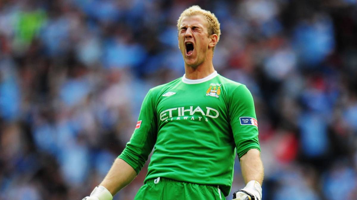 Joe Hart of Manchester City celebrates as his team score during the FA Cup sponsored by E.ON Final match between Manchester City and Stoke City