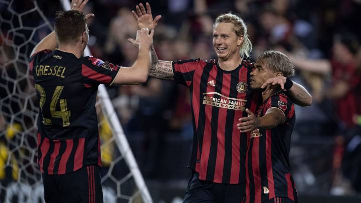 Atlanta United celebrating after reaching the quarterfinals of the Concacaf Champions League