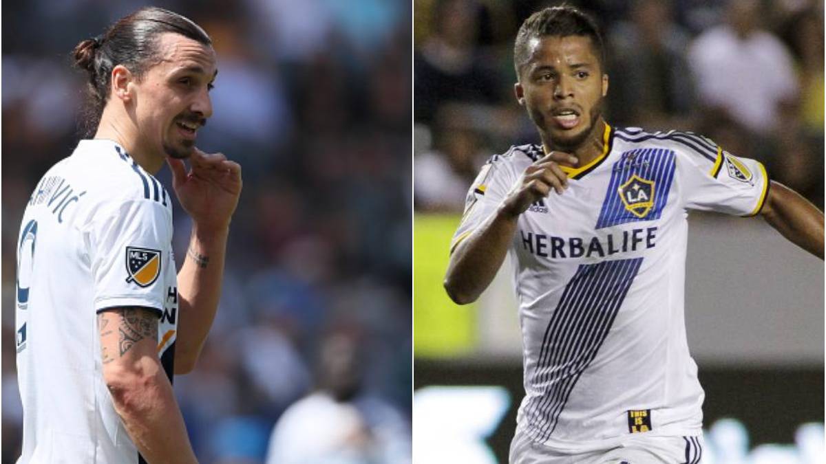 Collage of Zlatan Ibrahimovic and Giovani dos Santos with LA Galaxy
