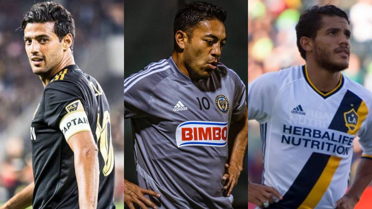 Collage of Carlos Vela with LAFC, Marco Fabián with Philadelphia Union and Jona dos Santos with LA Galaxy