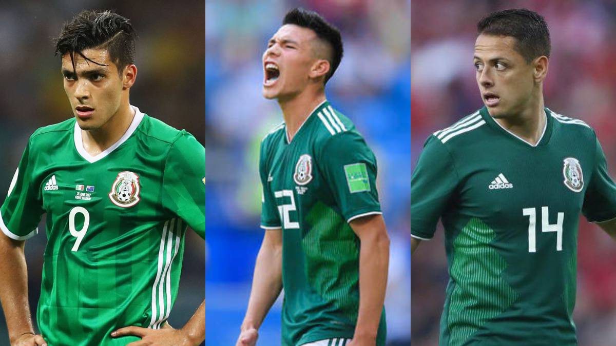 Collage of Raúl Jiménez, Hirving Chucky Lozano and Chicharito with Mexico National team