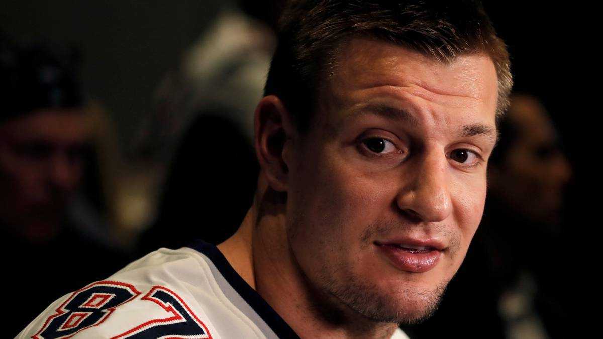 New England Patriots tight end Rob Gronkowski speaks to reporters ahead of Super Bowl LIII