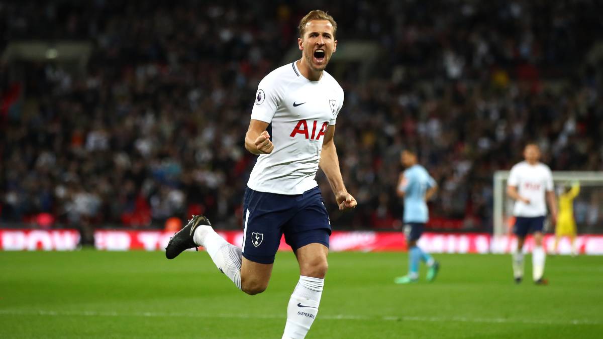 Harry Kane of Tottenham Hotspur celebrates after scoring his sides first goal during the Premier League match