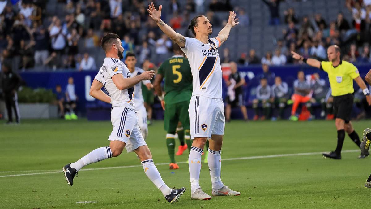 Zlatan Ibrahimovic celebrating after scoring against Portland Timbers in week 5 of the MLS