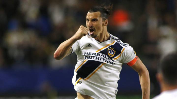Zlatan Ibrahimovic #9 of Los Angeles Galaxy celebrates a goal during the second half against the Portland Timbers at Dignity Health Sports Park