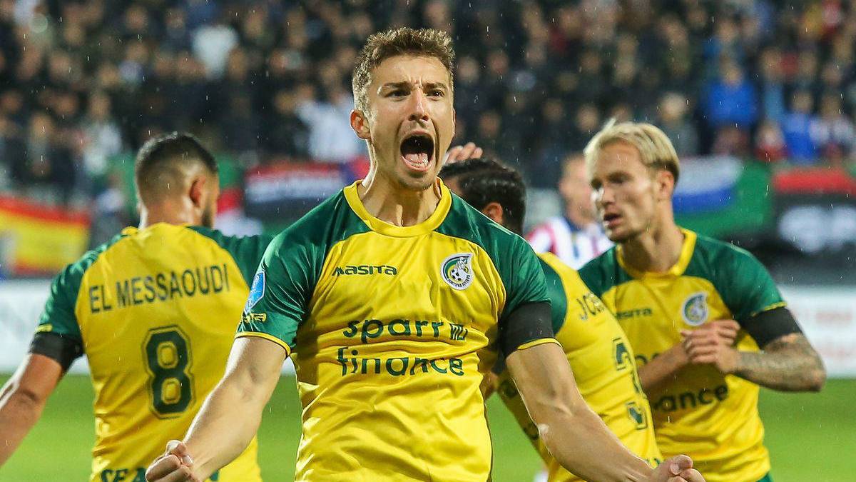 American striker Andrija Novakovich celebrating a win with FortunaSittard of the Eredivisie