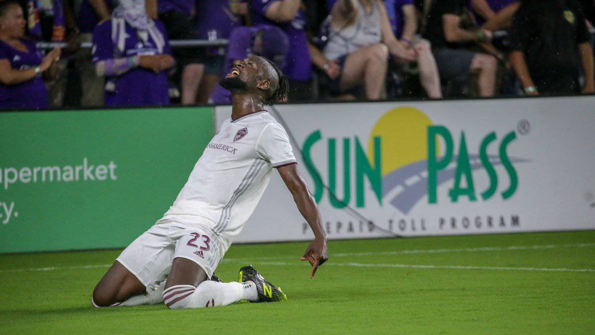 Colorado Rapids striker Kei Kamara celebrating after his 115th goal