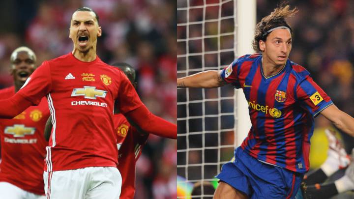 Collage of Zlatan Ibrahimovic, left side with Manchester United and right side with FC Barcelona