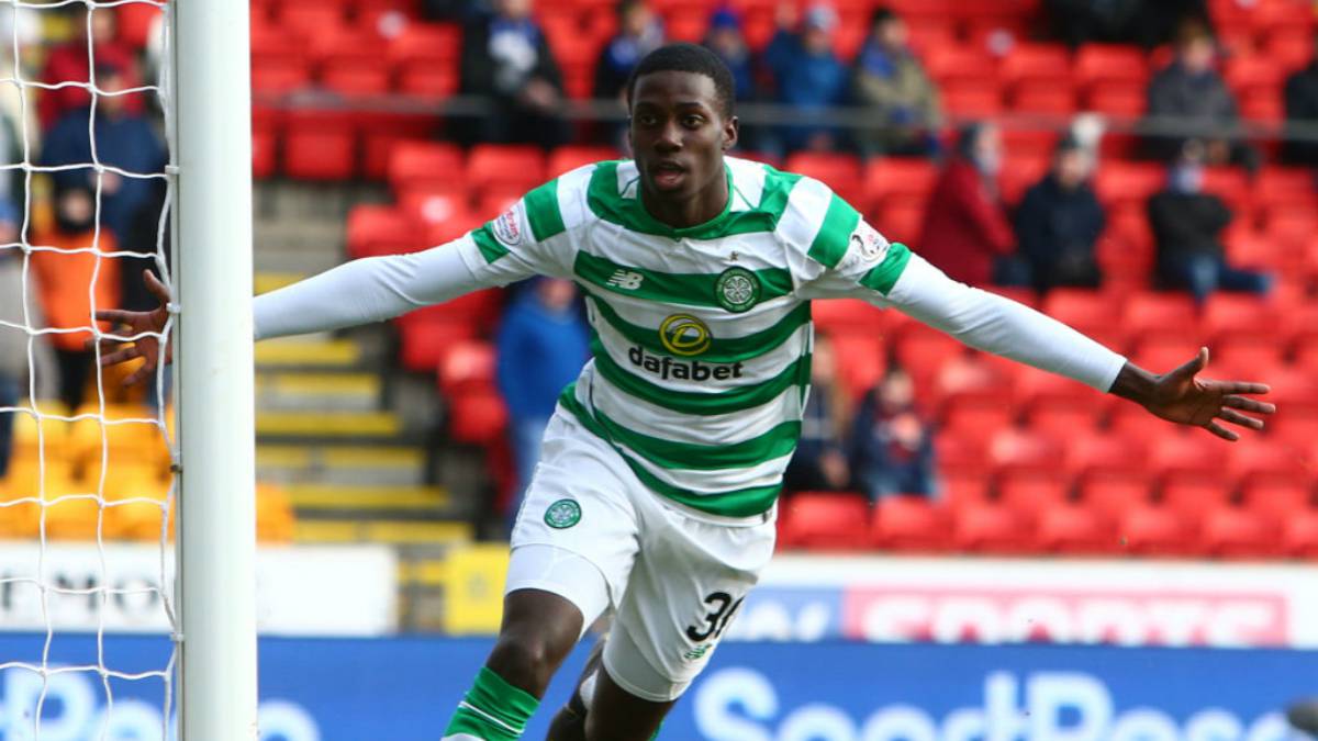 Timothy Weah of Celtic celebrates after he makes it 2-0 to Celtic