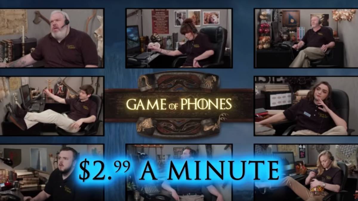 Sophie Turner, Lena Headey, John Bradley, Joe Dempsie, Maisie Williams, Kristian Nairn, Iwan Rheon y Liam Cunningham, contestán en la hotline de Jimmy Kimmel Live .