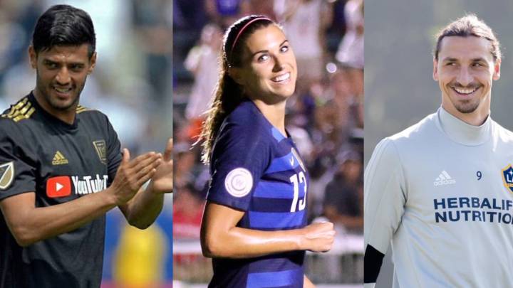 Las estrellas de futbol Alex Morgan, Lionel Messi, Carlos Vela, Zlatan Ibrahimovic y Carli Lloyd compiten en la categoría Favorite Soccer Star en los Kid's Choice Sports 2019.