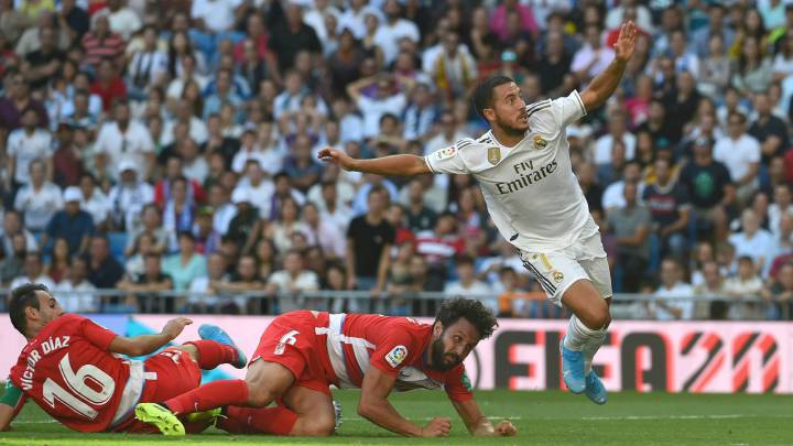 El delantero belga marcó el primer tanto con la playera del Madrid después de 7 partidos y 45 minutos. El ex Chelsea marcó antes de terminar el primer tiempo.