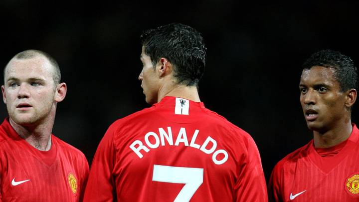 Wayne Rooney, Cristiano Ronaldo y Nani en un partido del Manchester United.