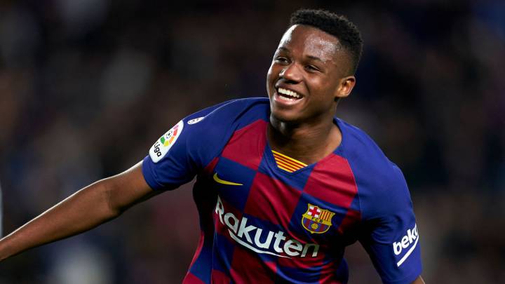 Ansu Fati celebra su doblete en el encuentro entre FC Barcelona y Levante.