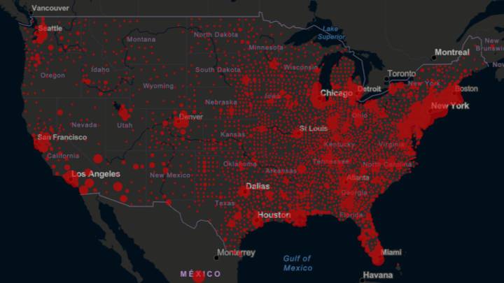 Mapa de casos y muertes por estados de coronavirus en USA; 26 de abril