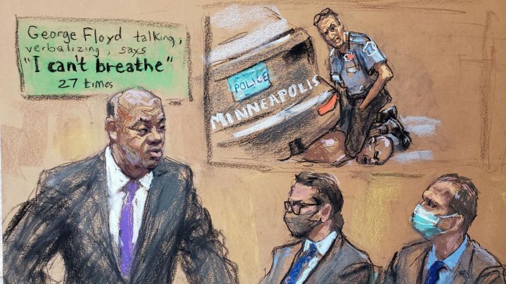 Bosquejo del abogado Jerry blacwell haciendo sus alegatos iniciales en el juicio contra Derek Chauvin