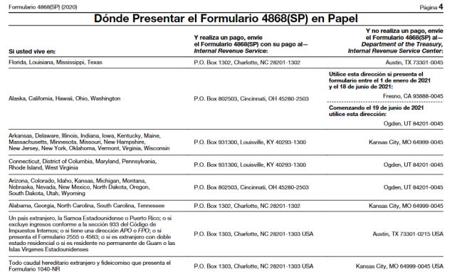 ¿Dónde presentar el formulario 4868 en papel?