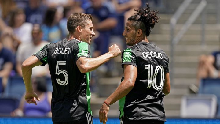 Cecilio Domínguez celebra su tercer gol de la temporada 2021 con Austin FC.
