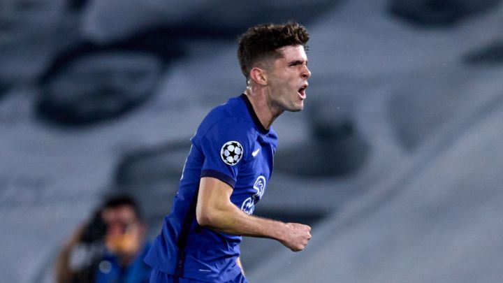 Christian Pulisic celebrando gol suyo en semifinales de Champions League ante Real Madrid.