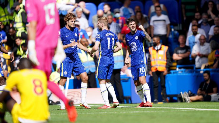 Christian Pulisic celebra su primer gol de la temporada 2021-22 con el Chelsea en la Premier League ante Crystal Palace.