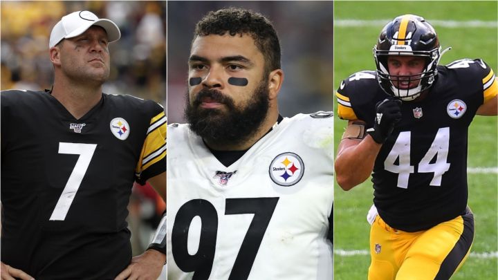 Ben Roethlisberger, Cam Heyward y Derek Watt, jugadores de los Pittsburgh Steelers.