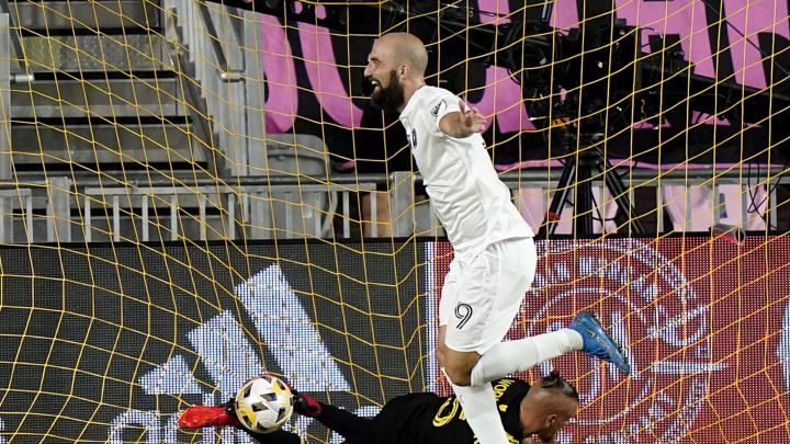 Gonzalo Higuaín celebra el gol de la victoria de Inter Miami ante Columbus Crew.
