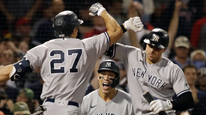 Giancarlo Stanton, Aaron Judge y Joey Gallo con los Yankees