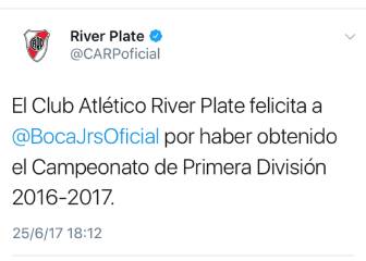 La felicitación de River Plate a Boca por el campeonato