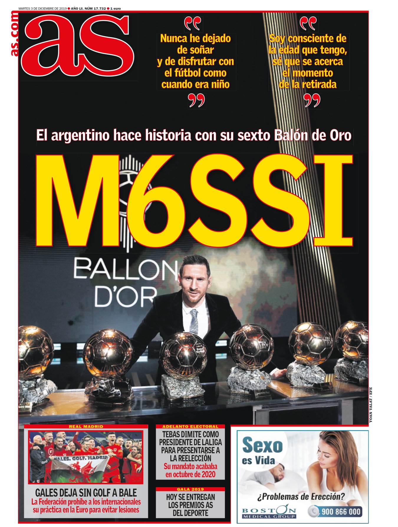 Esta semana se la dedicaron a Messi. Tras su gol del domingo bajó el lunes a recoger su sexto Balón de Oro. Como quien baja a por el pan. El mérito de Messi es que parece mantenerse ahí en lo alto sin trabajo; le sale natural. El premio siempre es merecido porque lo domina todo: el que mejor marca, pasa y regatea. Cuando se retire, que no se olviden de parar los relojes en Can Barça. 