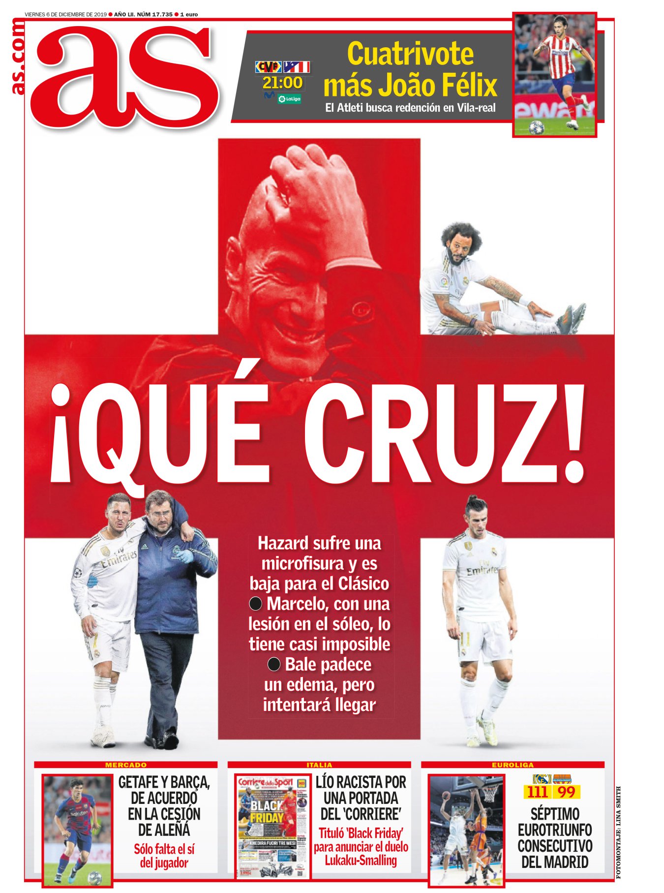 La portada es tan buena que no hace falta escribir. Lo de Hazard es una lástima, ahora que ya corría como un cohete con el balón pegado al pie. Lo de Marcelo, quizás un alivio; en el Camp Nou y Mestalla hay que salir abrigado, pero el Bernabéu le echará de menos en cada minuto de su lesión. Lo de Bale, ya nadie sabe por dónde cogerlo. Al final de diciembre veremos quién sale mejor parado: si el Madrid o el Filandón. 