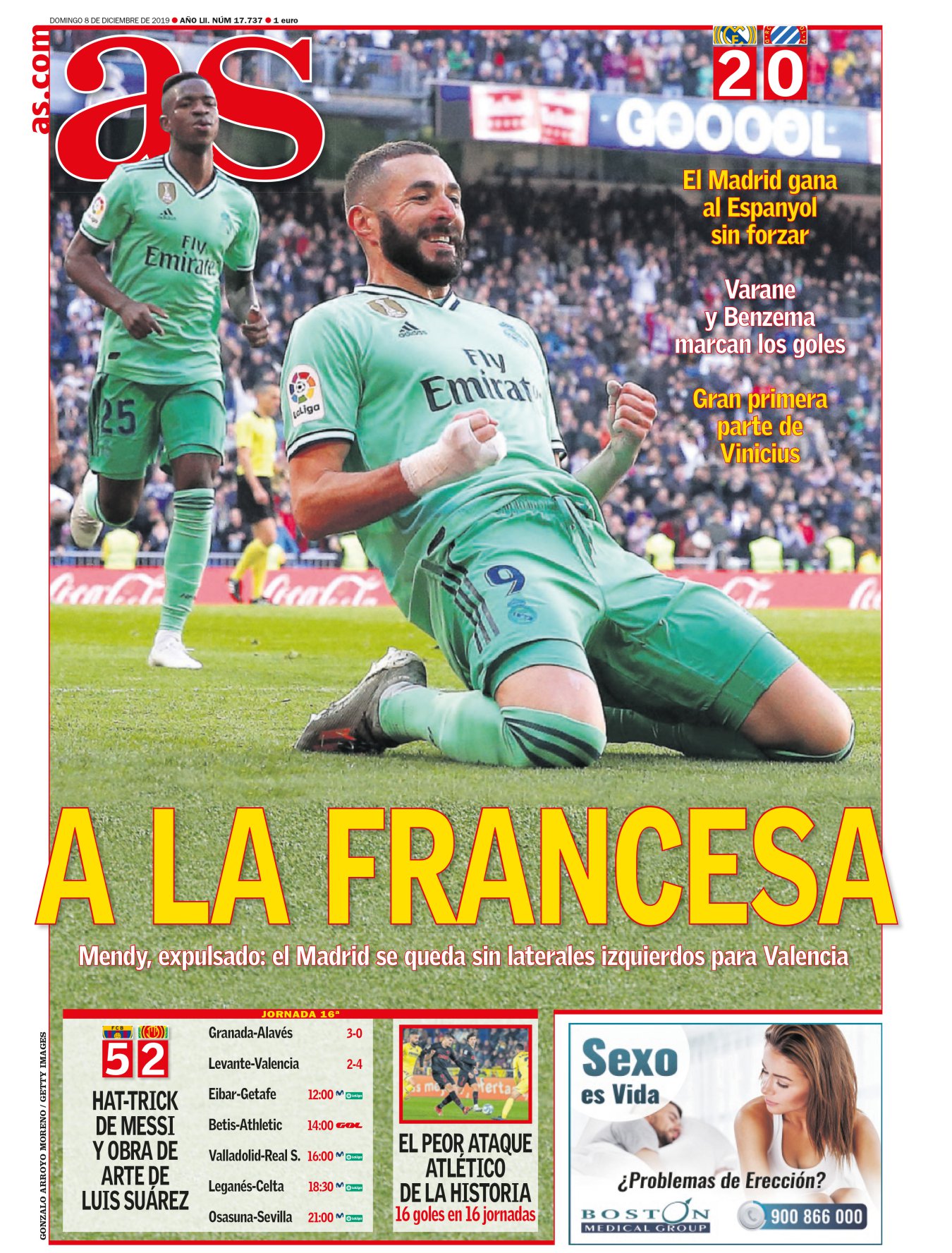 El Madrid cada día se parece más a un equipo. Tras ganar sufriendo en Vitoria, venció sin brillo frente al Espanyol. El error contra el PSG empañó un curso notable de Varane, que se tuvo que reivindicar en el área contraria. Benzema ya es un crack mundial; no estuvo acertado y salió con gol y asistencia. La portada fue francesa pero el Madrid ya es un equipo gracias a unas piernas uruguayas. 