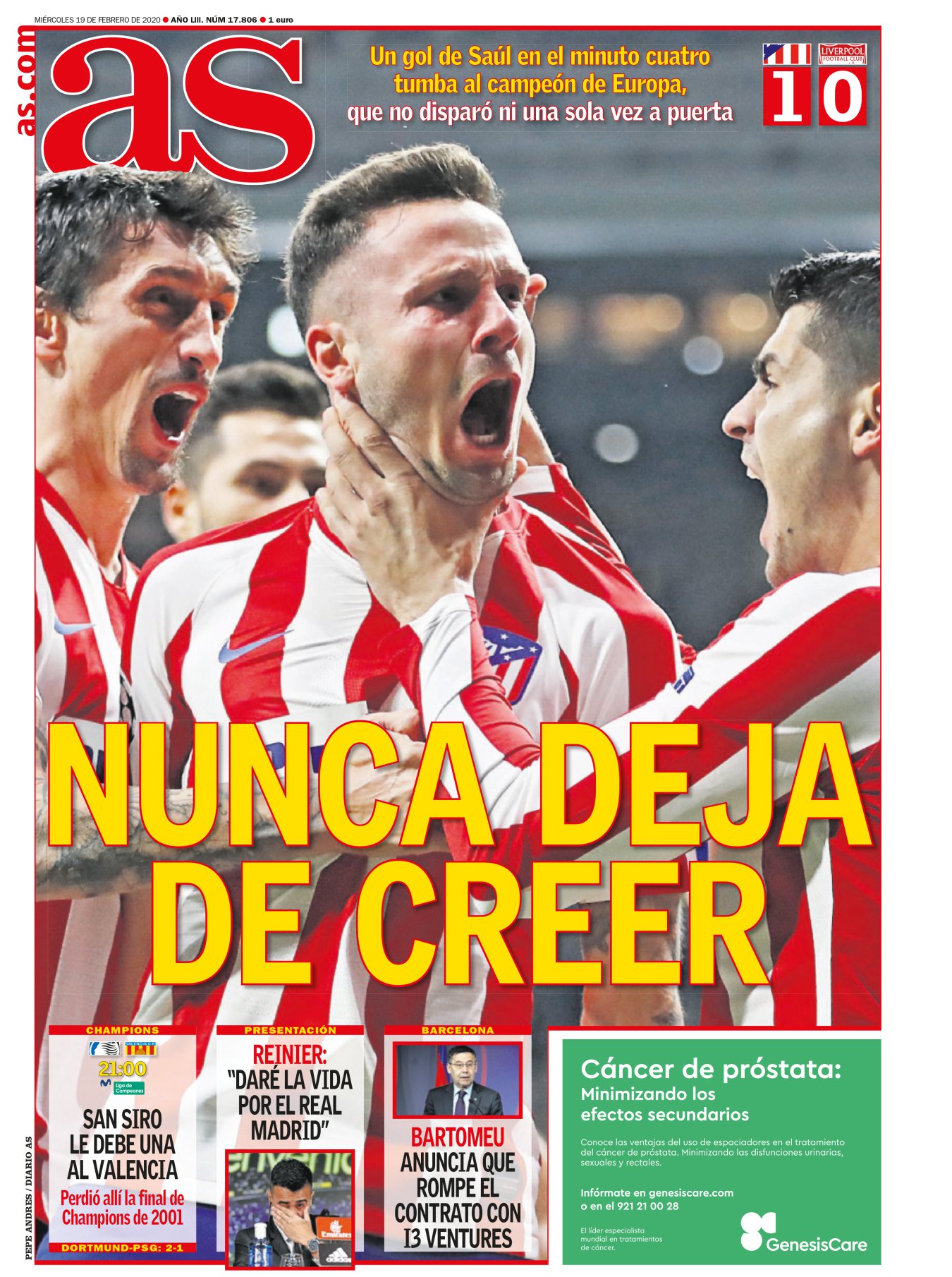 El favoritismo en el fútbol es un gol en contra. Atlético de Madrid y Liverpool llegaban con una diferencia tan extrema que poco les pasó a los ingleses. Simeone empleó su exitosa fórmula: diez primeros minutos de agobio y ochenta de salvación. Escribía Xoan Tallón que el Atlético es el único equipo que disfruta de la muerte, o de estar muerto. Para la vuelta, le acabaré citando a él: "El pasado siempre está por venir".